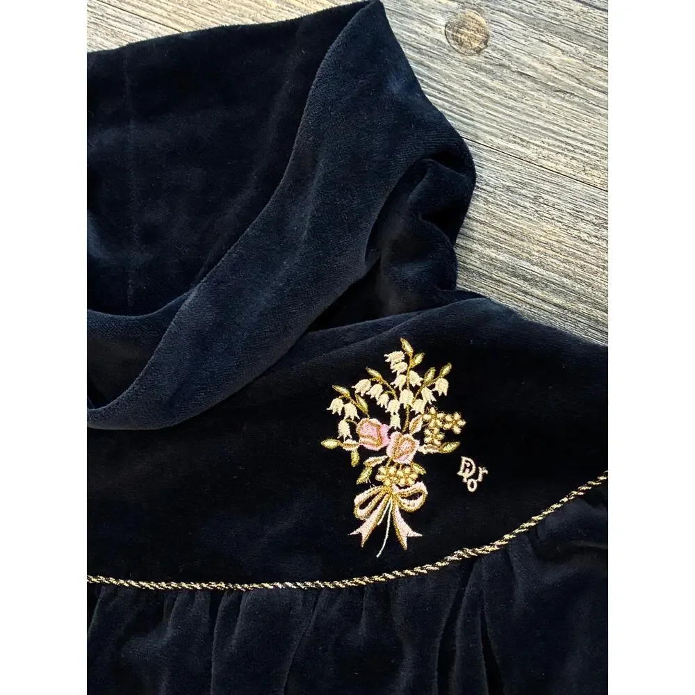 VTG Christian Dior Velour Luxury Loungewear Floral Embroidery Navy Blue Large